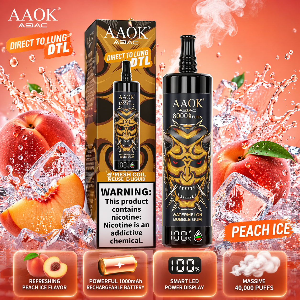 AAOK AK80000 Disposable Vape – 80,000 Puffs Rechargeable Mesh Coil Smart Display Vape