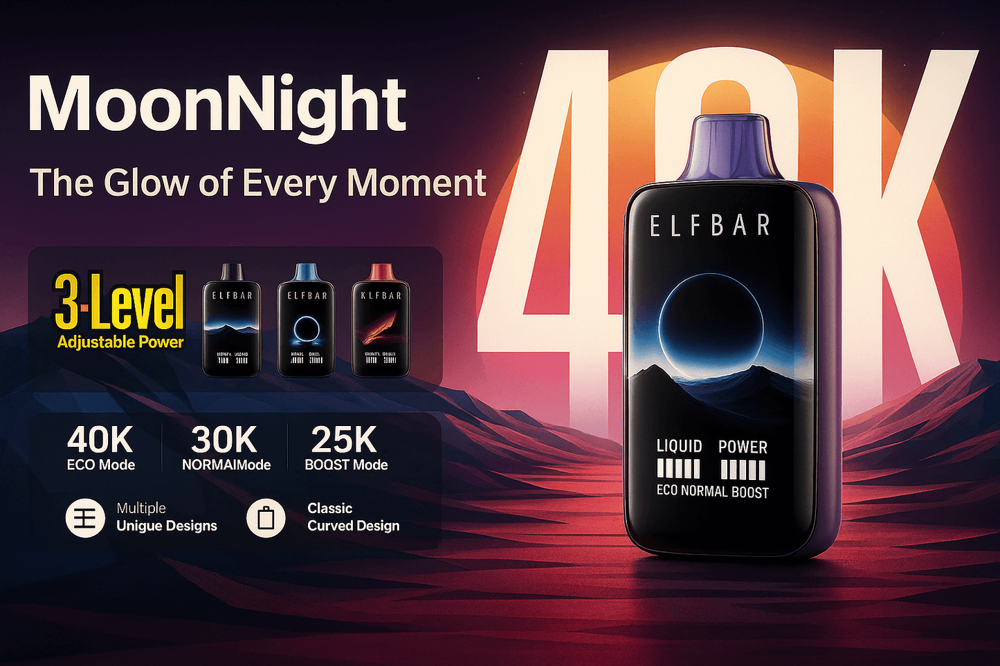 Elfbar MoonNight 40K – 3-Level Adjustable Power Vape (Eco, Normal, Boost)