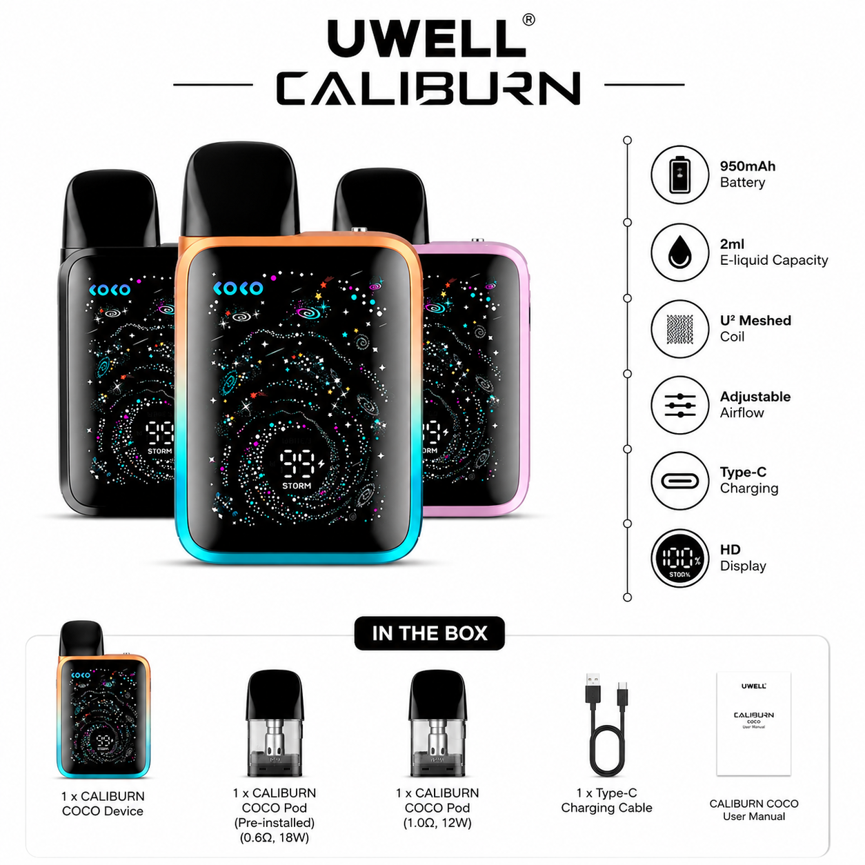 Uwell Caliburn G5 KOKO Pod Kit – 35W Refillable Vape with 1600mAh Battery, Starlit Display, PRO-FOCS 4.0 & Adjustable Airflow
