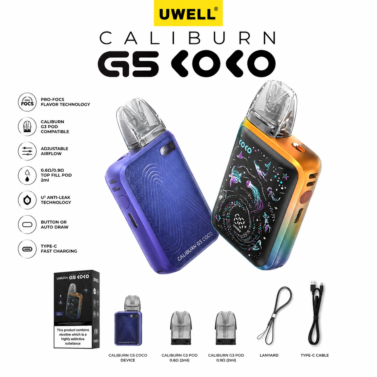 Uwell Caliburn G5 KOKO Pod Kit – 35W Refillable Vape with 1600mAh Battery, Starlit Display, PRO-FOCS 4.0 & Adjustable Airflow