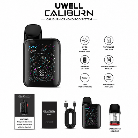 Uwell Caliburn G5 KOKO Pod Kit – 35W Refillable Vape with 1600mAh Battery, Starlit Display, PRO-FOCS 4.0 & Adjustable Airflow