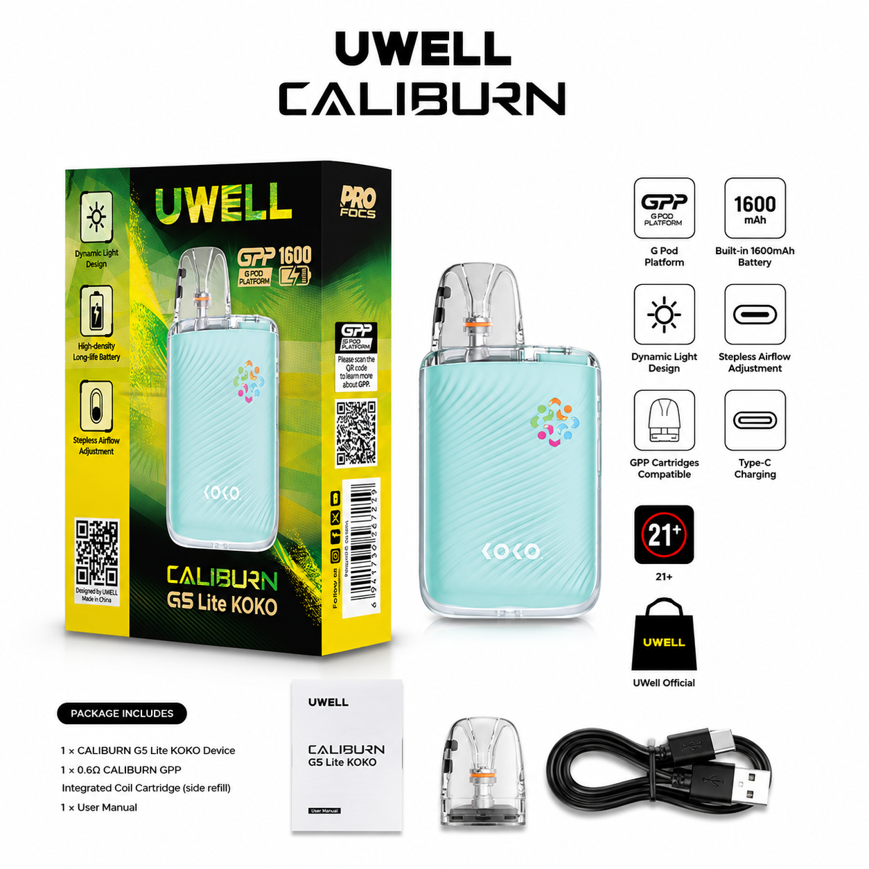 Uwell Caliburn G5 Lite KOKO Pod Kit – 35W Refillable Pod System with 1600mAh Battery, PRO-FOCS 4.0 & Adjustable Airflow