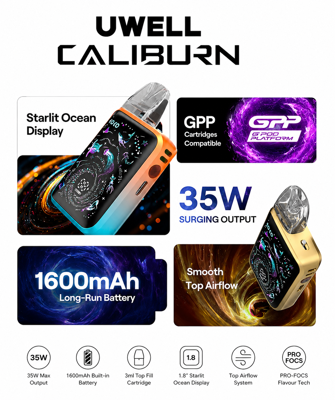 Uwell Caliburn G5 KOKO Pod Kit – 35W Refillable Vape with 1600mAh Battery, Starlit Display, PRO-FOCS 4.0 & Adjustable Airflow