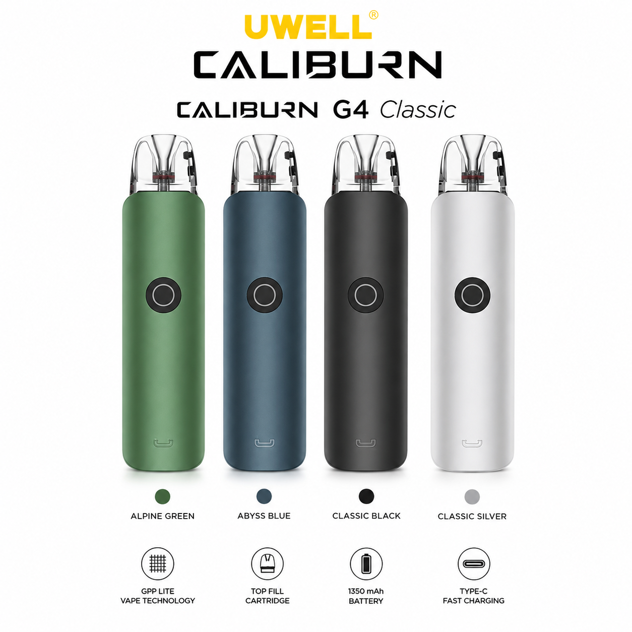 Uwell Caliburn G4 Classic Pod Kit – 35W Refillable Vape with 1400mAh Battery, PRO-FOCS 4.0, Twin Sensor Intelligence & Adjustable Airflow