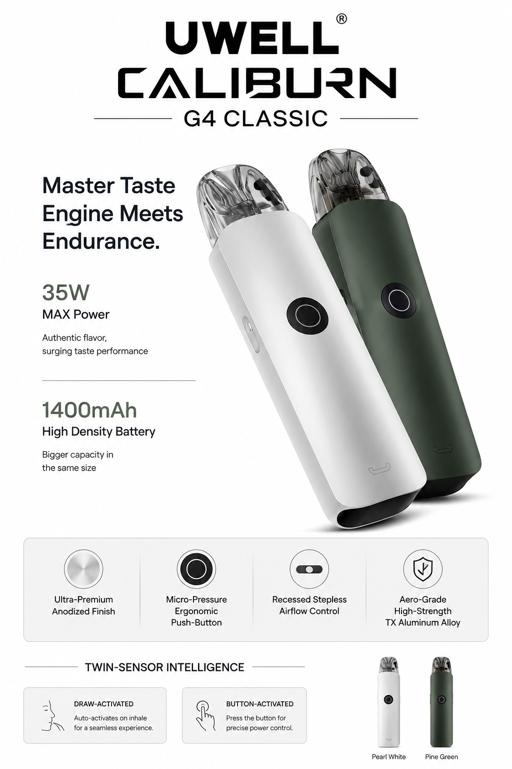 Uwell Caliburn G4 Classic Pod Kit – 35W Refillable Vape with 1400mAh Battery, PRO-FOCS 4.0, Twin Sensor Intelligence & Adjustable Airflow