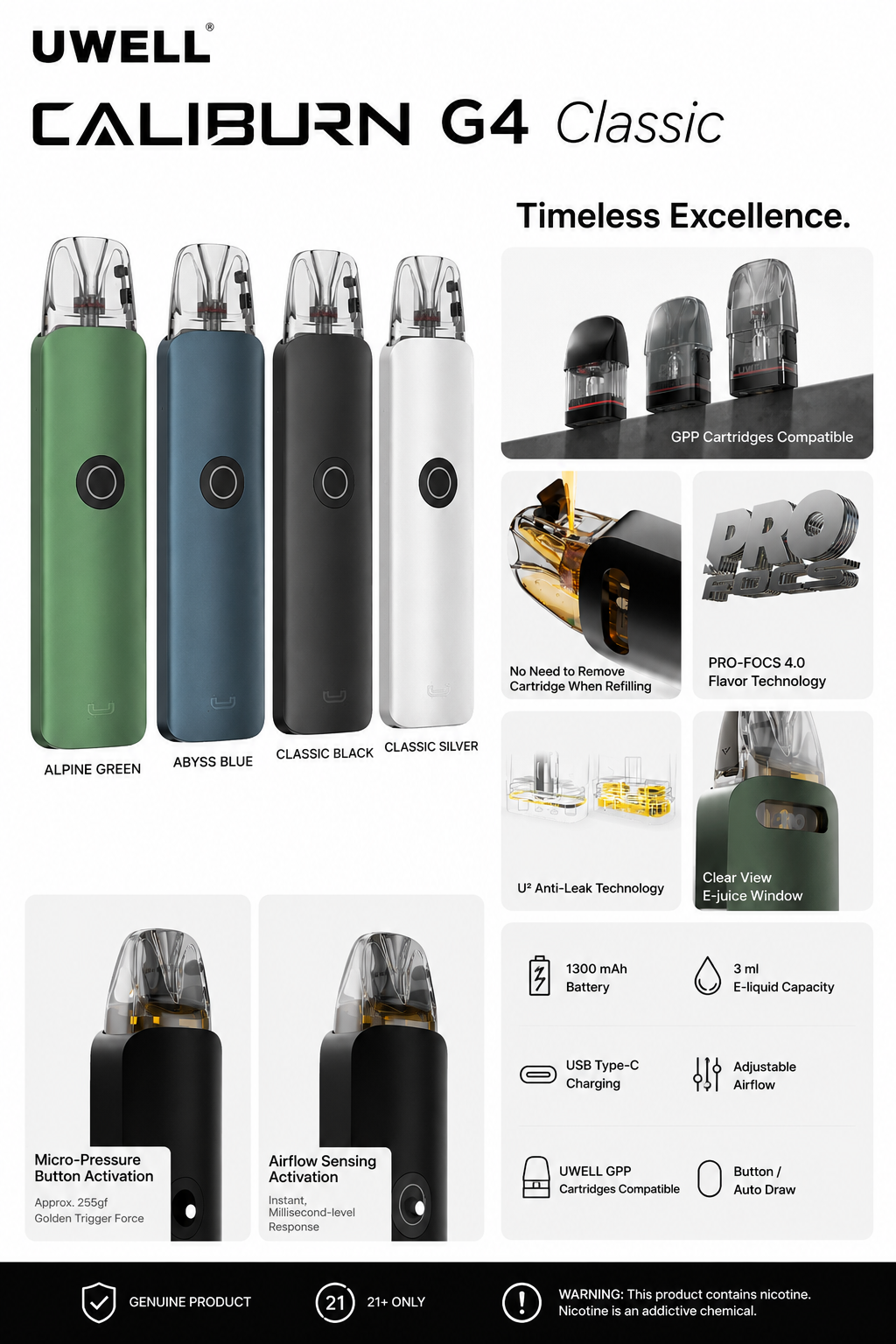 Uwell Caliburn G4 Classic Pod Kit – 35W Refillable Vape with 1400mAh Battery, PRO-FOCS 4.0, Twin Sensor Intelligence & Adjustable Airflow