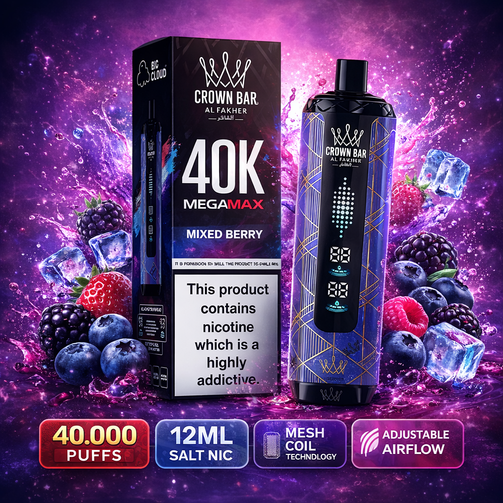 Al Fakher Crown Bar MegaMax 40K V2.0 Disposable Vape – 40,000 Puffs Rechargeable Shisha Vape with Dual Mesh Coil & LED Display